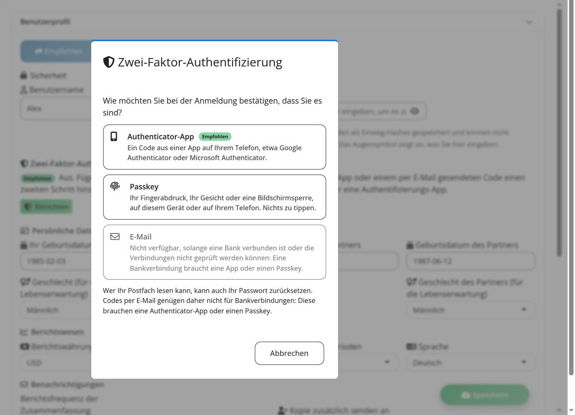 Sicherheit: Zwei-Faktor-Anmeldung per Authentifizierungs-App, E-Mail-Code oder Passkey.