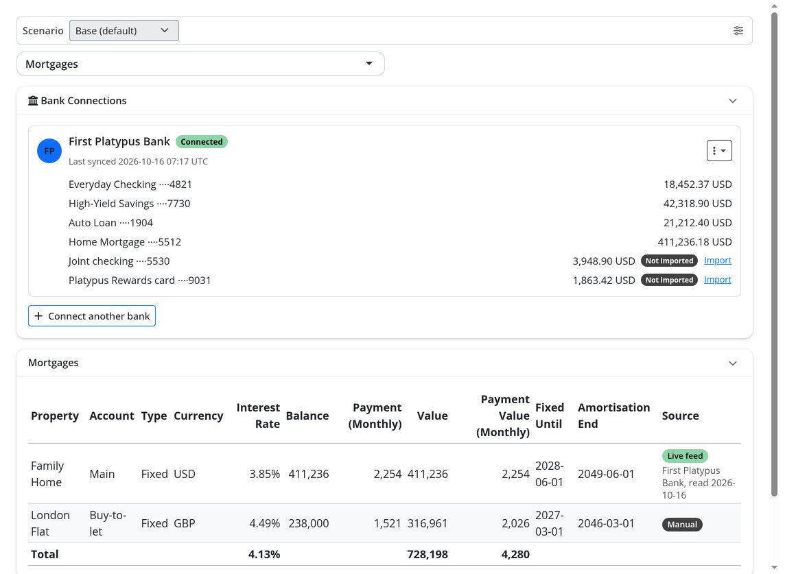 Bank feeds: balances, mortgages and credit lines kept current through Plaid.