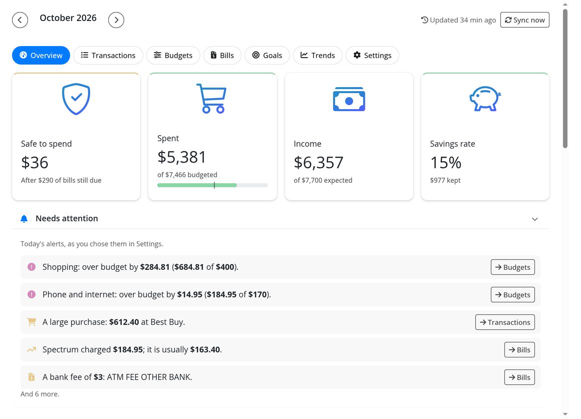 Budget: what is safe to spend this month, and each category against its budget.