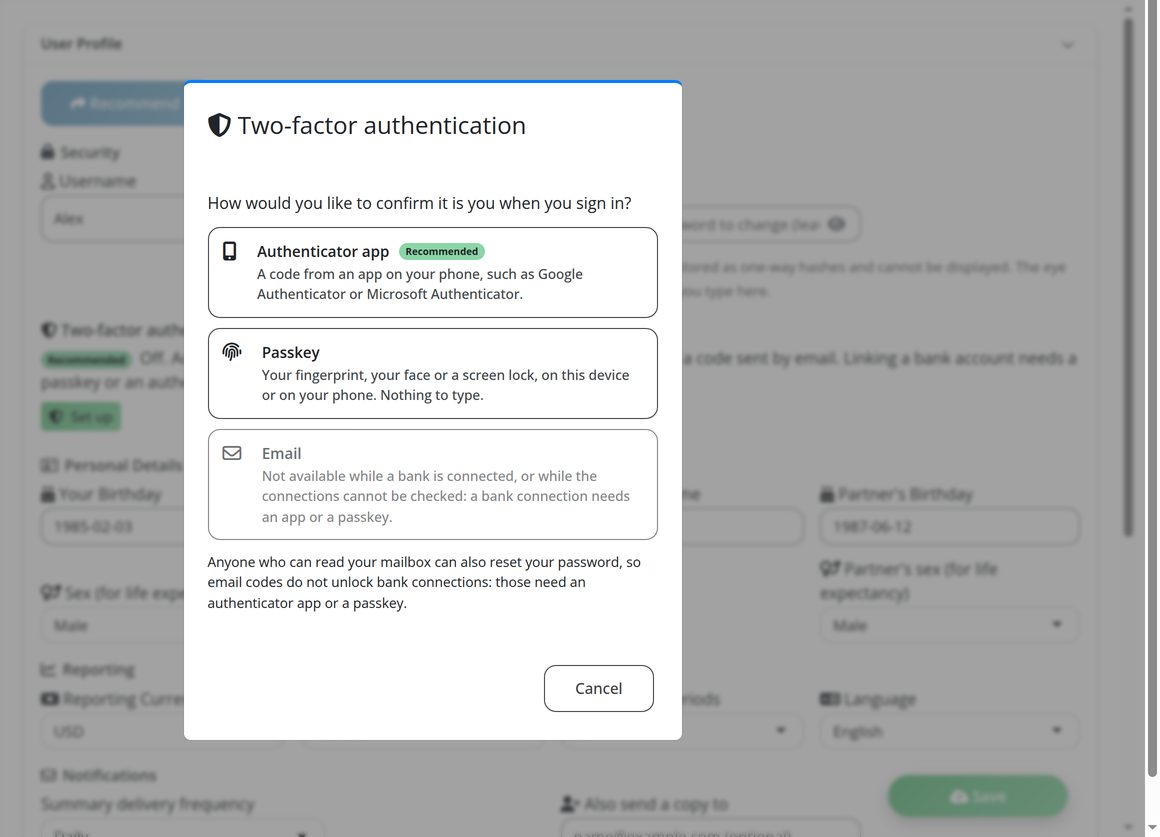 Security: two-factor sign-in by authenticator app, email code or passkey.