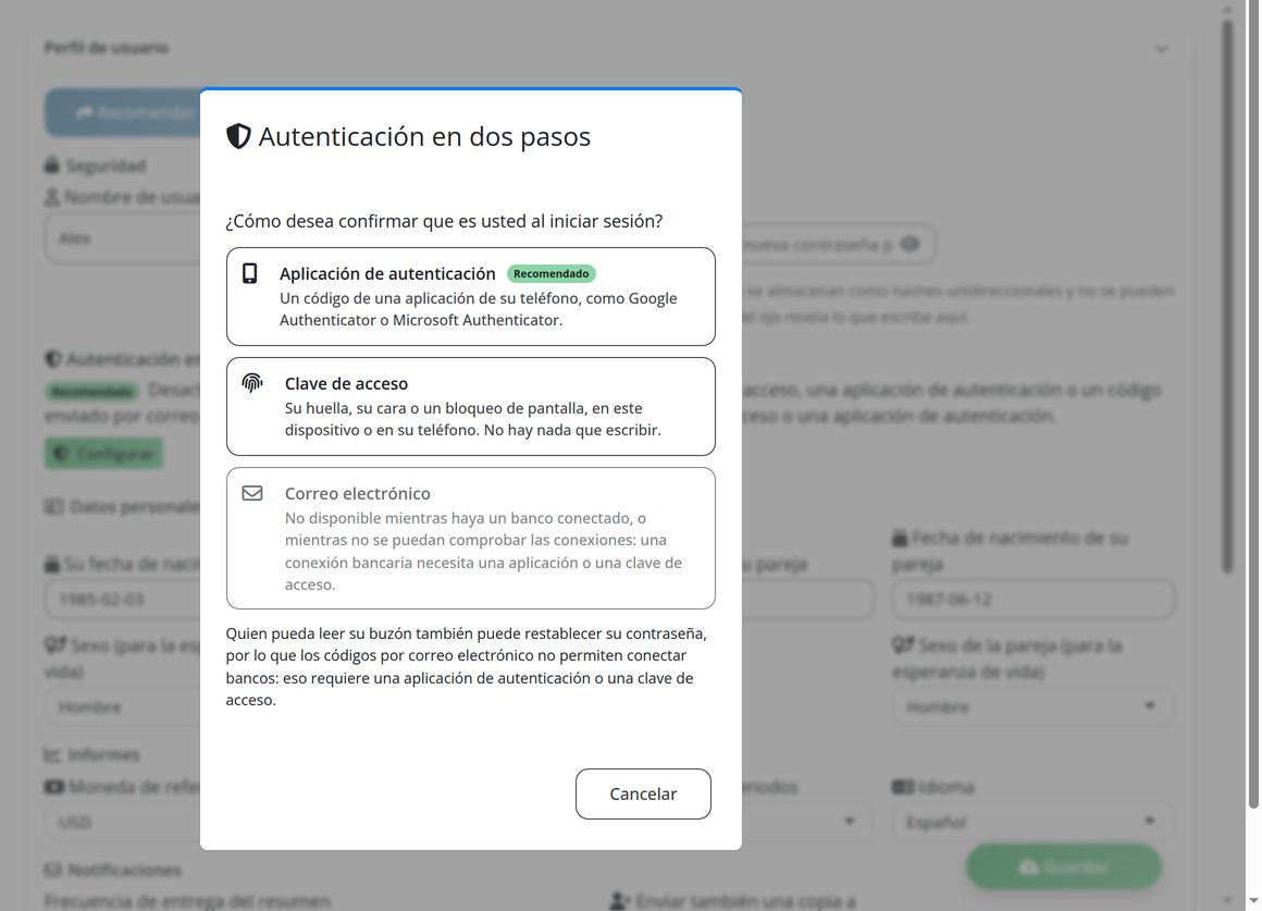 Seguridad: inicio de sesión en dos pasos con aplicación de autenticación, código por correo o llave de acceso.
