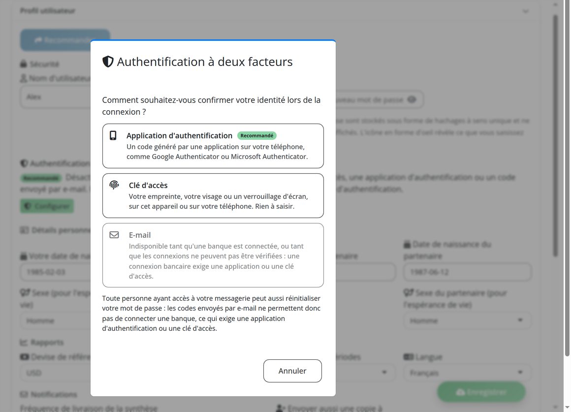 Sécurité : connexion à deux facteurs par application d'authentification, code par e-mail ou clé d'accès.