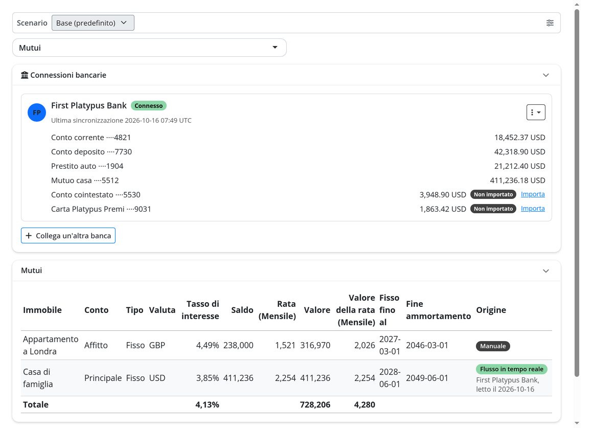 Collegamento bancario: saldi, mutui e linee di credito aggiornati tramite Plaid.
