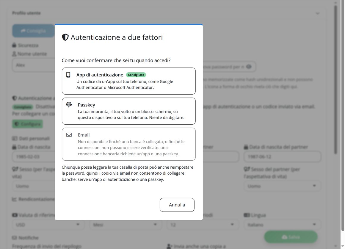 Sicurezza: accesso a due fattori con app di autenticazione, codice via e-mail o passkey.