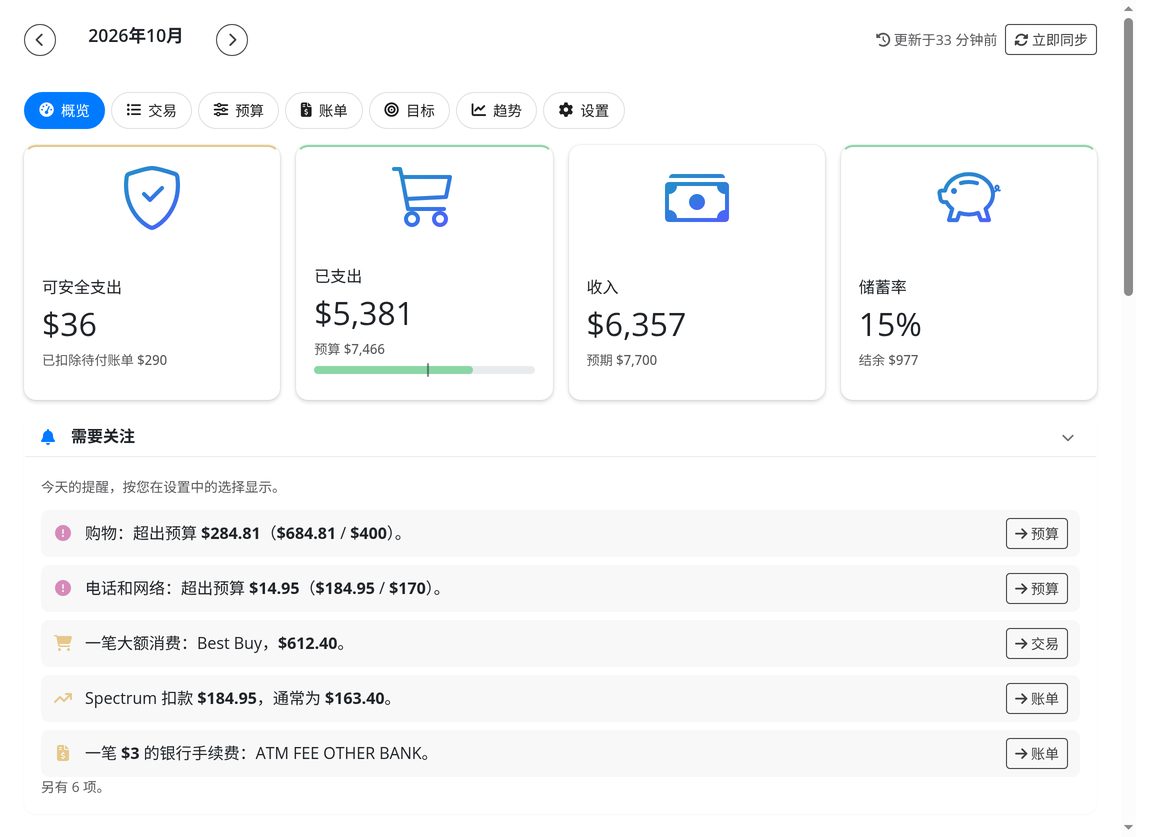 预算：本月可安全支出的金额，以及各类别与预算的对比。